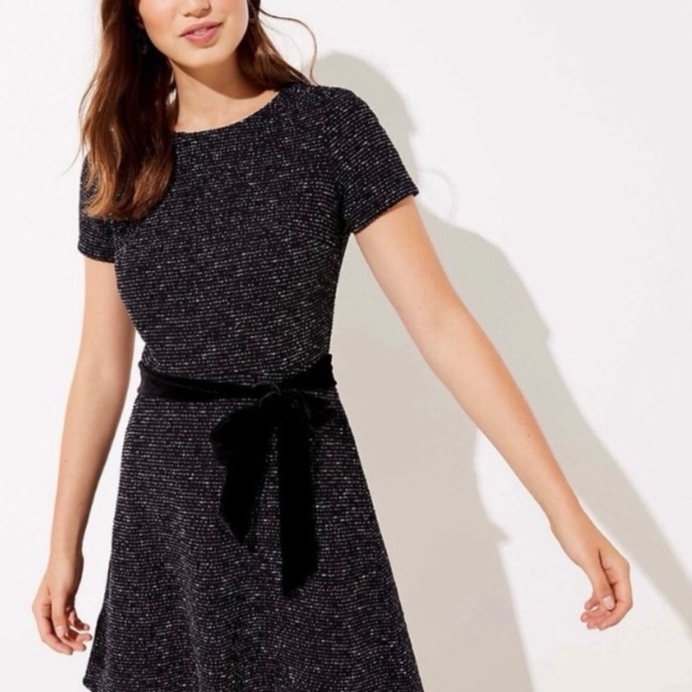 LOFT | Black/White Tweed Texture Velvet Waist-Tie Short-Sleeve Dress Sz 6
